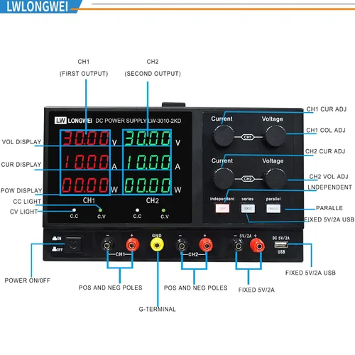 Vista 2 de Fuente de alimentación de CC variable, 4 canales 30 V 10 A 2 x 300 W ajustable conmutación regulada DC fuente de alimentación con pantalla