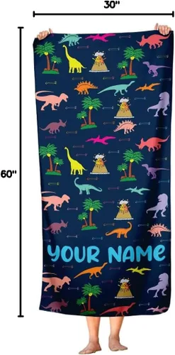 Vista 10 de Generic Toalla de playa de dinosaurio, nombre personalizado, algodón de secado rápido, regalo divertido para niños