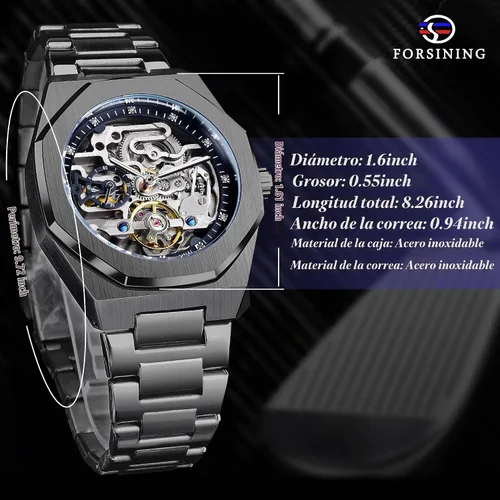 Vista 7 de FORSINING Reloj Vintage para Hombres Grabado Automático de Cuerda Automática Mecánico Esfera Grande Luminosa Fase Lunar Dorado Hueco Patrón de Negro