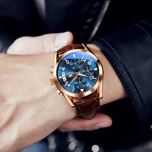 Vista 3 de OLEVS Reloj cronógrafo de cuarzo para hombre correa de cuero dorada con fecha de día reloj de pulsera de acero inoxidable impermeable relojes