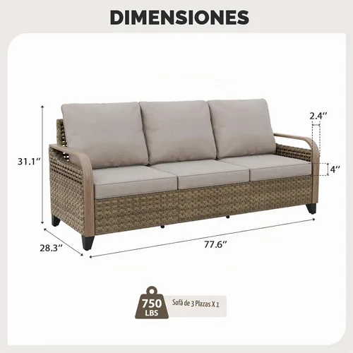 Vista 2 de EAGLE PEAK Sofá de mimbre para patio al aire libre, muebles modernos de ratán para patio, terraza, porche, balcón, sofá de 3 asientos, marrón/gris