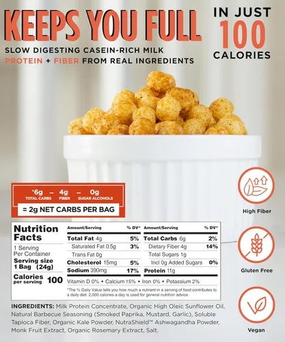 Vista 2 de Protein Puffs BBQ 0.43 oz de alto contenido en proteínas, 0.14 onzas de fibra Bocadillos salados saludables intestinales bajos en calorías