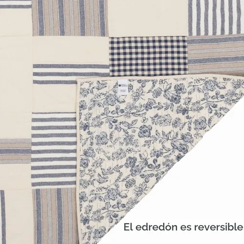 Vista 6 de Doylestown - Edredón de retazos y flores, 100% algodón, reversible, con cuadros de guingán, saco de grano y rayas azules para decoración