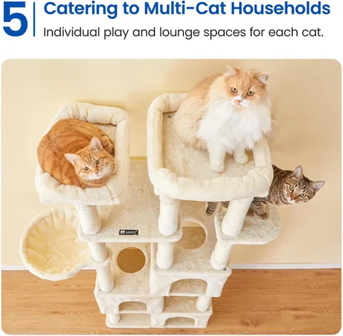 Vista 8 de MWPO Árbol grande para gatos de interior, torre de gatos de 63 pulgadas con 3 condominios para gatos, postes rascadores, pedestales acolchados, Beige
