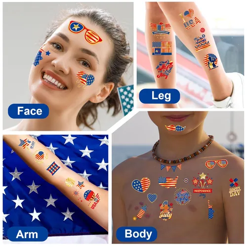 Vista 6 de JCFIRE Decoraciones del 4 de julio, 100 piezas de tatuajes temporales para niños y adultos, decoraciones patrióticas, accesorios del 4 de julio
