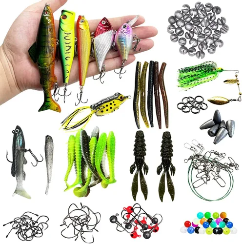 Vista 6 de Kit de señuelos de pesca, incluyendo cebos, anzuelos, palas, lombrices, plomos, ganchos, caja de aparejos y más equipo de pesca para truchas