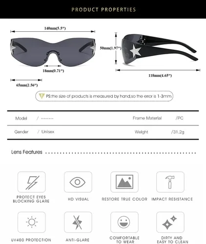 Vista 4 de Palarado Y2K - Gafas de sol de moda de los años 2000 Cyber Shield Star para mujer sin montura