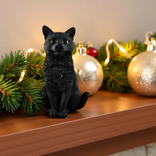 Vista 2 de JFSM INC. Figura pintada a mano de gato negro sentado – Estatua de gato de resina de 5 pulgadas, relleno de calcetín navideño, regalos para amantes