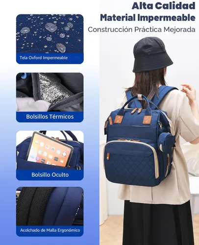 Vista 5 de Bolsa de pañales con cambiador, mochila de pañales 3 en 1 para bebé, Azul