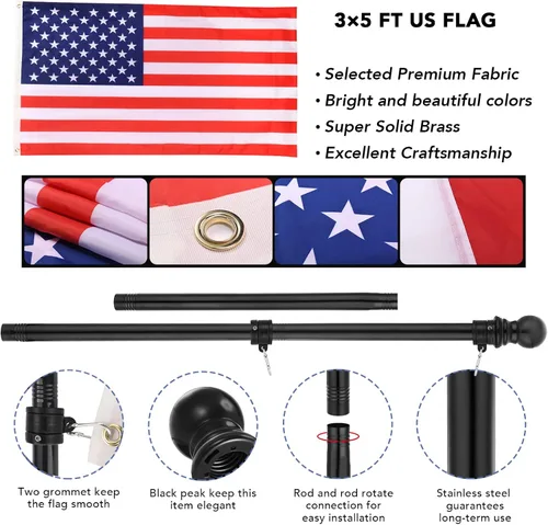 Vista 2 de Yeesun Mástil de bandera para casa con bandera estadounidense de 3 x 5, montaje en pared de 6 pies con soporte para porche del hogar, decoración al