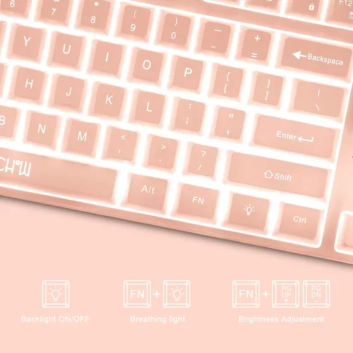 Vista 4 de CHONCHOW - Teclado y mouse para juegos rosa con retroiluminación blanca, teclado CHONCHOW USB con cable de 87 teclas para juegos mini y mouse
