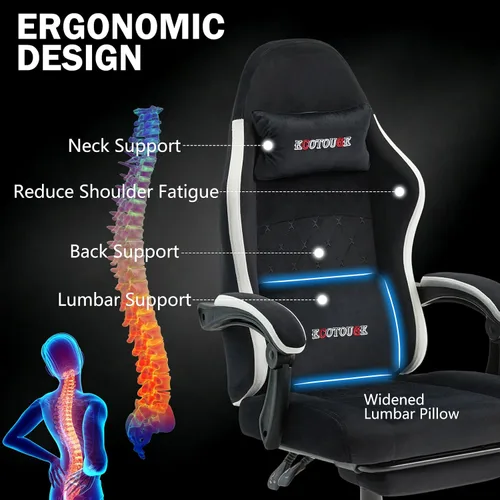 Vista 4 de ECOTOUGE Silla de tela para videojuegos, silla de videojuegos con reposapiés y soporte lumbar, altura ajustable, silla de oficina para el hogar