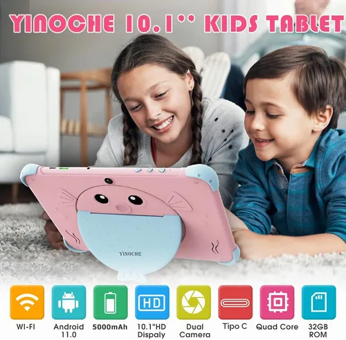 Vista 2 de Tableta para niños de 10 pulgadas, tableta Android para niños con funda, cámaras duales, control parental, aplicaciones preinstaladas, 32 GB Rosa