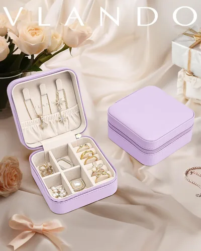 Vista 6 de Vlando Pequeño organizador de joyero de viaje Anillo de regalo para mujer, aretes, collares, vitrina de almacenamiento para niñas, color morado