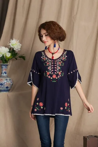 Vista 4 de Ashir Aley Blusa mexicana estilo bohemio bordada para mujer