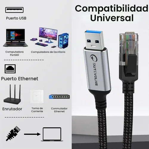 Vista 7 de Cable USB a Ethernet 3,3 pies, adaptadores USB 3.0 A a RJ45 macho de nylon, conexión Gigabit directa, compatible con laptop, PC de escritorio