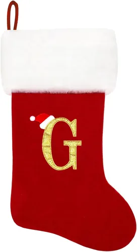 Vista 186 de Calcetines de Navidad bordados de 20 pulgadas con monograma, terciopelo negro con puño de felpa blanca supersuave, adornos clásicos para decoración