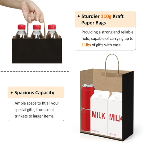 Vista 3 de BagDream Bolsas de regalo de 10 x 5 x 13 pulgadas, 25 bolsas de papel kraft con asas, para regalos, negocios, mercancía, venta al por menor, Negro