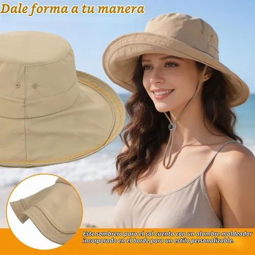 Vista 4 de Sombrero de ala ancha impermeable UPF 50+ para mujer con agujero para cola Camello