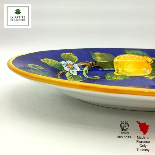 Vista 2 de Plato de cerámica ovalado grande para cocina - Vajilla italiana para servir carne - Bandeja para servir limones en azul - Tazón de cerámica toscana