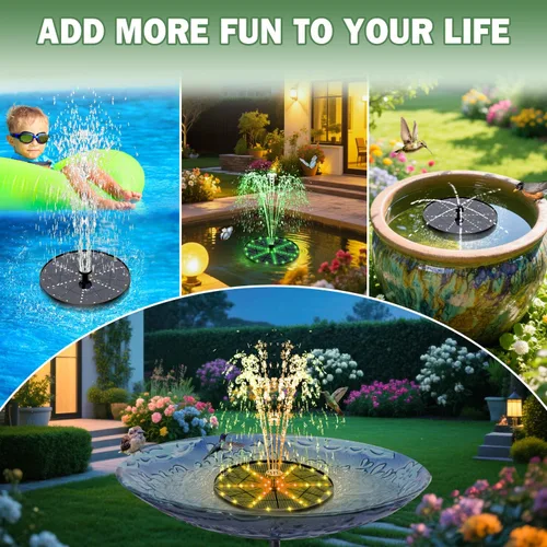 Vista 6 de Yzert Fuente solar mejorada para pájaros con 60 luces LED, bomba de fuente de agua con batería de 4000 mAh, 7 boquillas, 4 fijadores, para jardín