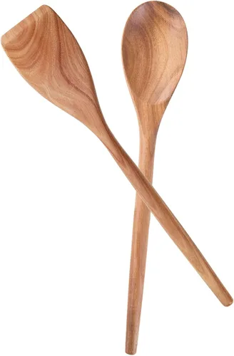 Vista 9 de 2 cucharas de madera de acacia para cocinar, cucharas de cocina de acabado liso de 14 pulgadas, cucharas de madera de agarre cómodo para cocinar