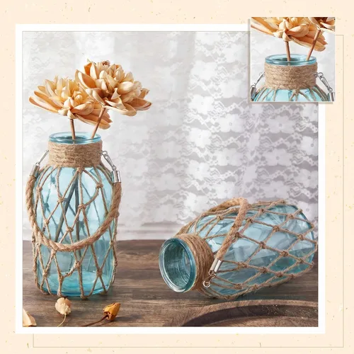 Vista 7 de Sabary Juego de 2 jarrones de cristal de mimbre con flores secas, decoración costera para mesas de boda, decoración costera para colgar en el hogar