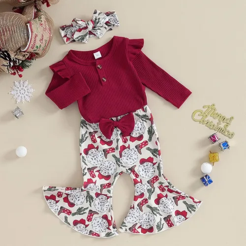 Vista 2 de Kuriozud Conjunto de pantalones acampanados para bebé recién nacida, con volantes, lindo conjunto de pantalones acampanados con diadema y ramitas