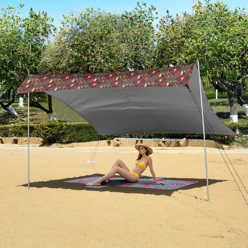 Vista 6 de Corona y velas doradas de Navidad a cuadros rojos, toldo plegable para playa, protección UPF50+, fácil de instalar, refugio solar grande