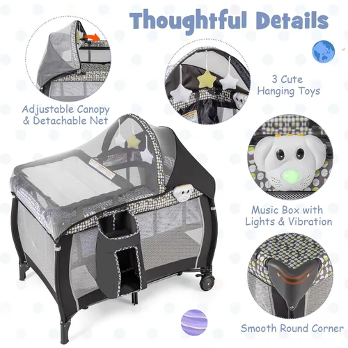 Vista 5 de HONEY JOY Pack and Play, centro de guardería plegable 4 en 1 con moisés infantil de tamaño completo y cambiador de pañales, cuna portátil para niños