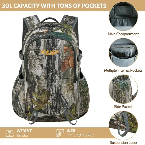 Vista 5 de NEW VIEW Mochila de caza para niños de 30 L, paquete de camuflaje para caza juvenil, equipo de caza para niños de 7 a 14 años, tamaño 13 x 6.3 x