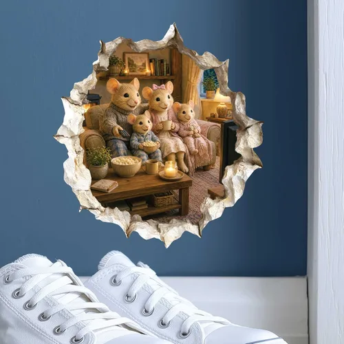 Vista 7 de Calcomanía de pared 3D con agujero para ratón, diseño de familia de ratones