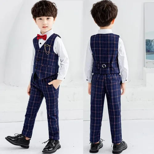 Vista 5 de Conjunto de chaleco y pantalones para niños, vestido a cuadros con camisa, esmoquin formal para boda, traje de portador de anillo de boda, Azul