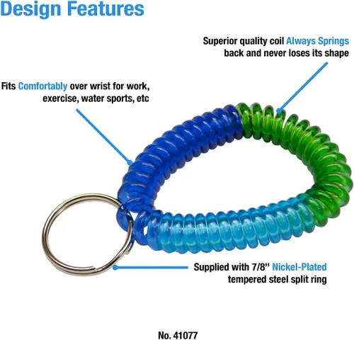 Vista 2 de Lucky Line - Resorte de muñeca en espiral de 2 pulgadas de diámetro con llavero de acero, multicolor, pulsera flexible para muñeca, se estira hasta
