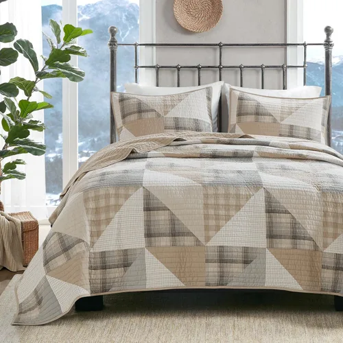Vista 17 de Woolrich - Juego de edredón reversible de algodón, estilo cabaña invertido a color sólido, colcha ligera de retazos para todas las estaciones