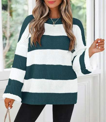 Vista 28 de ZESICA Suéter tejido sin botones de manga larga y cuello redondo, a rayas, bloques de color, cómodo, holgado, talla extragrande para mujer de 2024