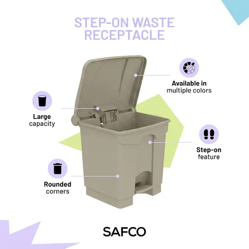 Vista 3 de Safco Cubo de basura de plástico para interiores, eliminación de manos libres, 8 galones, color marrón