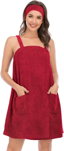 Vista 7 de Rubehoow - Bata de baño para mujer, envoltura de toalla con cierre de velcro ajustable con bolsillos y diadema facial