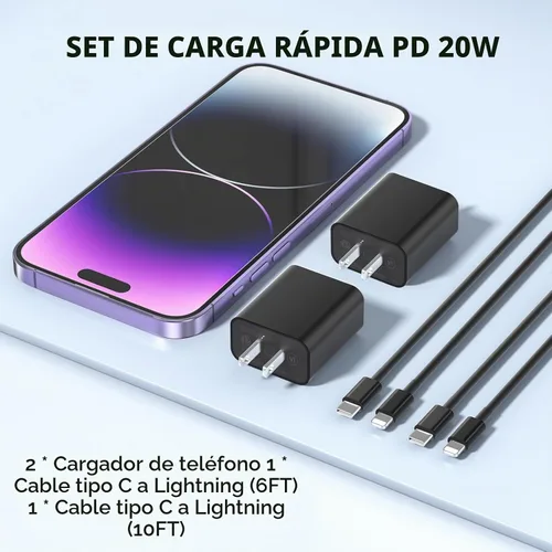 Vista 7 de Cargador de teléfono de carga rápida, 【Certificado MFi】 Paquete de 2 cargadores de pared USB-C de 20 W con 1 paquete de cable de carga rápida