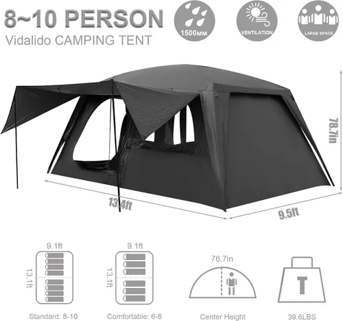Vista 5 de Vidalido Tienda de campaña para 8-10 personas con 3 puertas y 2 habitaciones, tiendas de campaña grandes tipo cabaña familiar, tienda de campaña