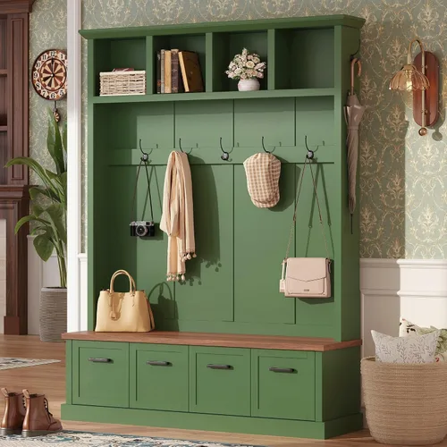 Vista 21 de JIVOIT Farmhouse Wood Hall Tree with Coat Hooks, Cabinets, 4 Drawers, Hooks (Ancient White/ 091)