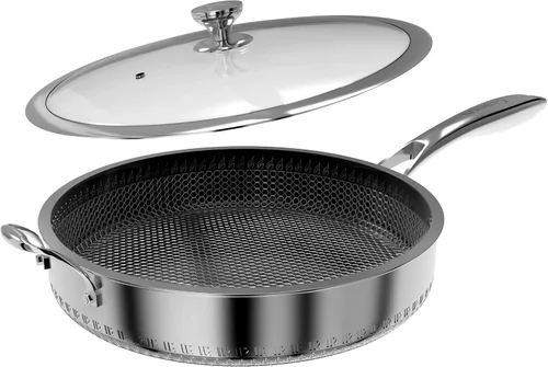 Vista 7 de Sartén Salteadora de Acero Inoxidable 316L de 5QT Wok Hexagonal Antiadherente con Tapa, Dos Asas para Sostener, Libre de PFOA, Apto