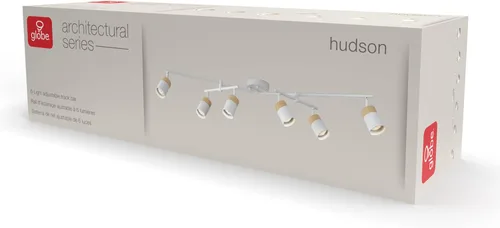 Vista 10 de Globe Electric 64000055 - Iluminación de riel de 6 luces de 42", barra central doble giratoria, color blanco mate, acentos en tono madera, luz