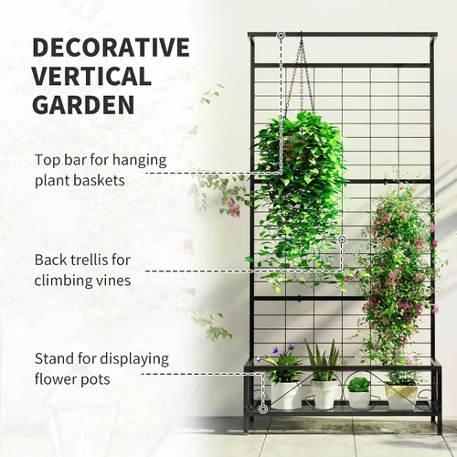 Vista 3 de Outsunny Soporte alto para plantas con enrejado y barra para colgar, soporte de metal para plantas trepadoras, flores, uso en interiores y Negro