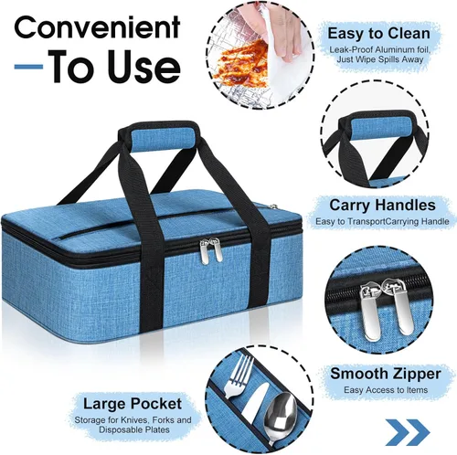 Vista 3 de Porta cacerolas aislado, porta ollas portátil para alimentos calientes o fríos, bolsa de lasaña para almuerzo para fiestas de comida, se adapta a