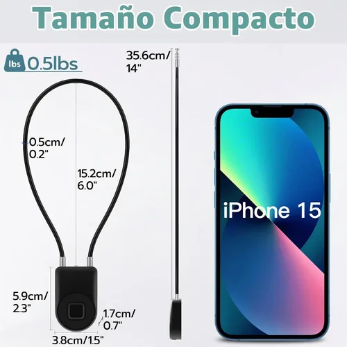Vista 6 de Candado inteligente de cable de huellas dactilares, 6 pulgadas de largo con aplicación Bluetooth de huellas dactilares, biométrico sin llave