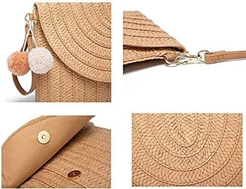 Vista 3 de MOBEBI Bolsa tejida de ratán, bolsa de hombro, bolsa de pajita, bolsa de verano para la noche, bolso de mano, tejido de pajita, bolsa de paja