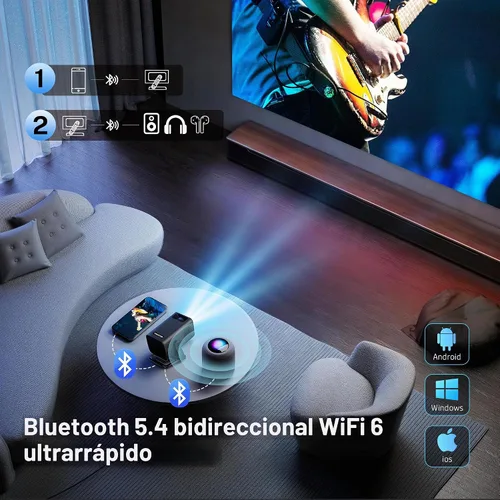 Vista 6 de Mini proyector para dormitorio con WiFi y Bluetooth bidireccional 1080P 4K soporte inteligente Android TV OS Aplicaciones integradas Keystone