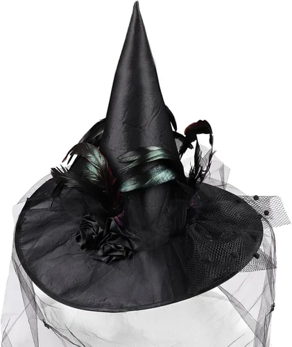 Vista 3 de Goetland - gorro de bruja con velos arañas y plumas para Halloween para mujer