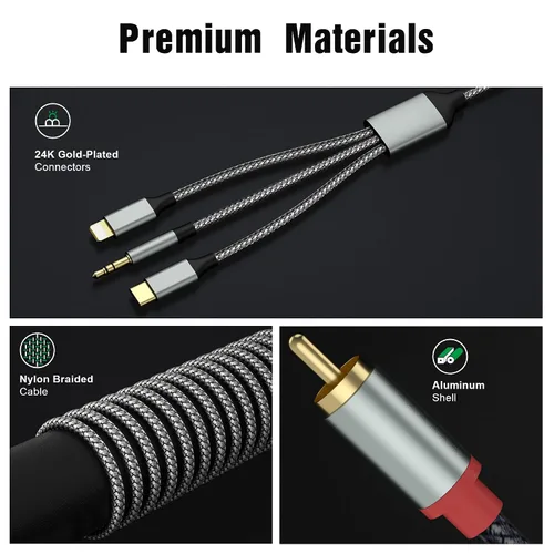 Vista 4 de Adaptador de Audio Auxiliar de Cable Lightning a RCA, Cable RCA a 3.5mm, Cable de Audio USB C a 2 RCA, (Cable de Audio 3 en 1) para Amplificador